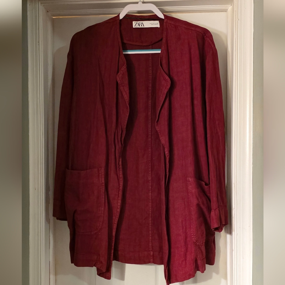 Zara Burgundy Open-Front Long Jacket - Picture 1 of 4